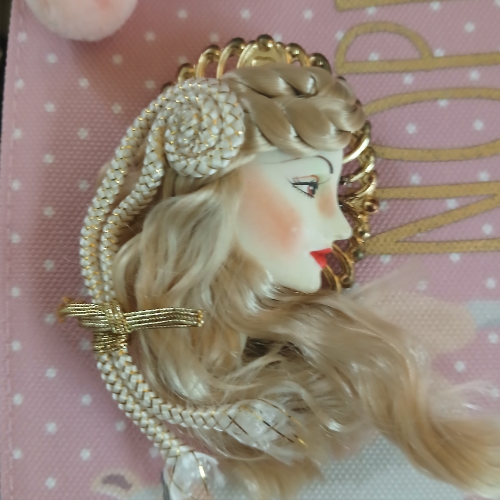 Vintage Hand-Painted Porcelain Face Brooch Long Blond Hair